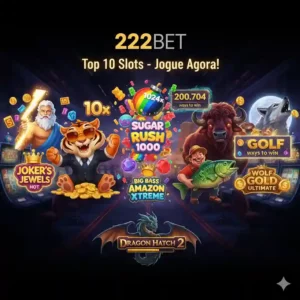 Games E Estratégias Banner promocional dos Melhores Slots da 222Bet apresentando uma colagem dos melhores slots de 2026, incluindo Fortune Tiger, Gates of Olympus, Sugar Rush 1000 e outros jogos populares.